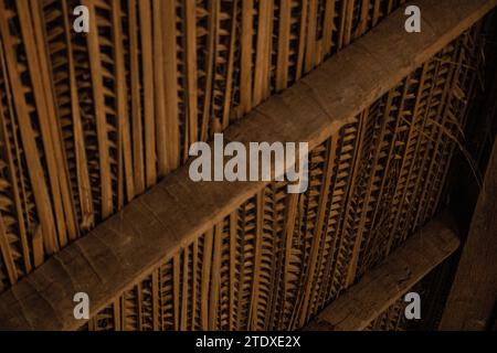 Tropical tranquility: A traditional Pacific Mexican palapa, crafted from wood and woven palm leaves, rises above the sandy shores. Stock Photo