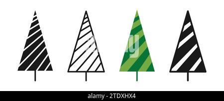Christmas tree geometric symbol and doodle, stamp stylized set. New Year xmas traditional stylized pine design for greeting card, invitation, banner, poster. Christmas trees abstract cartoon vector Stock Vector