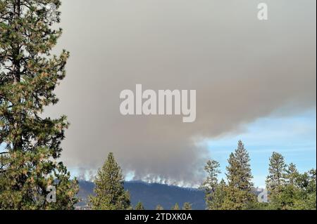 Oakhurst, California, USA. Remote wildfires burn on a mountain ridge near Oakhurst, California in the Sierra Nevada Mountains. Stock Photo