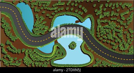 ROAD VIEW FROM TOP WITH LAKES AND TREES Stock Vector