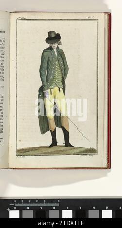 Cabinet of modes or new modes, July 1, 1786, pl. I, A.B. Duhamel, After Pugin, 1786 Man in a rijkostuum. According to the accompanying text, the man, who is about to climb his horse, dressed in a green 'habit' with lapel, lined in the same color 'Vert Dragon'. The lapel, sleeves and jacket pockets' à la Marinière '' are equipped with white mother -of -pearl knots. Under the jacket a green cardigan with golden stripes. Yellow knee pants of deer leather. (knee socks?) Black English boots with silver traces. English hat with black hat band on which a large buckle of steel. Purple leather gloves. Stock Photo