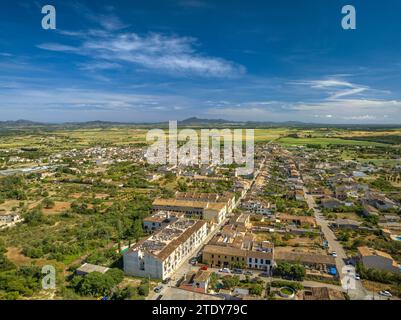 Aerial view of the town of Vilafranca de Bonany and fields and rural surroundings on a spring afternoon (Mallorca, Balearic Islands, Spain) Stock Photo