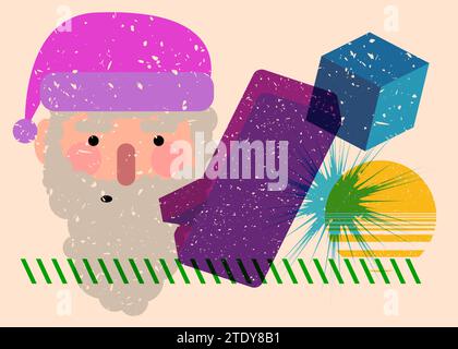 Risograph Santa Claus face, head with speech bubble with geometric shapes. Objects in trendy riso graph print texture style design with geometry eleme Stock Vector