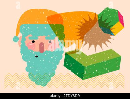 Risograph Santa Claus face, head with speech bubble with geometric shapes. Objects in trendy riso graph print texture style design with geometry eleme Stock Vector