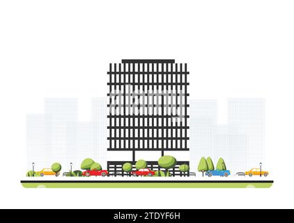 City district with tall modern building in flat style with trees and cars. Vector illustration. City scene isolated on white background. Stock Vector