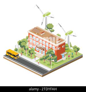 Isometric School Building with Solar Panels and Wind Turbine Isolated on White Background. Vector Illustration. Trees and Road. Stock Vector