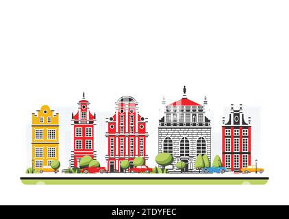 City district with old buildings in flat style with trees and cars. Vector illustration. City scene isolated on white background. Urban architecture. Stock Vector