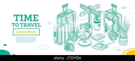 Time to travel. Isometric outline touristic concept. Travel bags, suitcases, passport, foto camera, globe and money. Vector illustration. Stock Vector