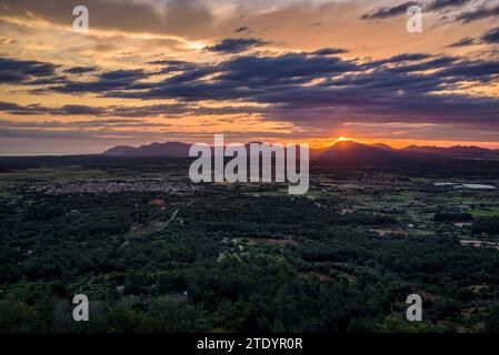 Red sunrise seen from the Bonany sanctuary looking towards the Artà massif and the Serra de Llevant mountains (Mallorca, Balearic Islands, Spain) Stock Photo