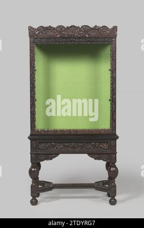 Bonheur du Jour with three mirror windows. Windows and cabinet decorated with rank ornament of leaf and flower arrangements., Anonymous, 1785 - 1815 Glass cupboard, so -called Bonheur du Jour. On three sides, the cupboard has mirror windows in flat frames that, like the scalloped hood, show a continuous rank ornament of leaf and flower arrangements. The chassis has a drawer, support pieces, four slender ball legs and a "double fork cross". The window, the cross and the support pieces are decorated as the styles and sills of the cupboard. The signs and the rear shot were later covered with purp Stock Photo