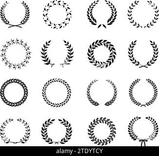 Silhouette circular laurel foliate and wheat wreaths depicting an award achievement set of black and white Stock Vector