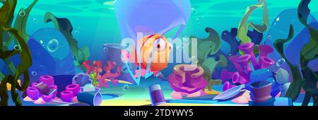 Ocean plastic pollution - sad scared fish tangled in polyethylene bag and floats in sea with littered bottom. Seabed polluted with garbage - plastic utensils, cans, barrels with dangerous materials. Stock Vector