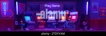 Man in game club room interior with retro arcade machine and banner on wall at night. Cartoon vector illustration of vintage 80s console with joystick controller and screen in dark entertainment hall. Stock Vector