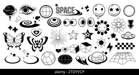 Retrowave black icons set isolated on white background. Vector illustration of y2k retro futuristic star, cube, planet, flower, butterfly, eyes, lollipop, sun, heart, wireframe landscape shape symbols Stock Vector