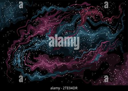 Vector Space Nebula, astronomical horizontal poster with cartoon design Veil Nebula (heated and ionized gas and dust) in deep space, decorative futuri Stock Vector