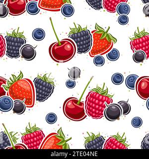 Vector Berry Seamless Pattern, repeat background with isolated illustrations of still life composition juicy berries for wrapping paper, square poster Stock Vector