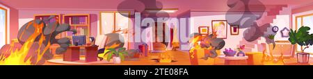 Fire inside of house or apartment - panoramic home interior. Horizontal burning room with entrance door and stairs, home office workplace with computer on desk and cabinet, lounge area under fire. Stock Vector