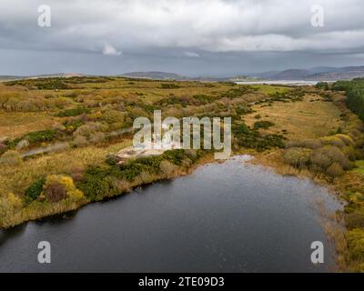 Aerial of lake in a peatbog by Clooney, Portnoo - County Donegal, Ireland Stock Photo