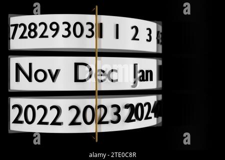 3D illustration white  stripe calendar with 12 months, 31 days and 2023,2024 year on black background. Modern calendar  month . Stock Photo