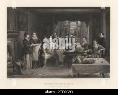 Sir John Falstaff and his friends in William Shakespeare's The Merry Wives of Windsor. Falstaff sits at a large dining table in the Garter Inn surrounded by his men drinking wine, Act 1, scene 2.. Engraving on steel by William Greatbach after a painting in the Sheepshanks Collection by Charles Robert Leslie in The Works of Shakespeare, edited by Charles Knight, Virtue & Yorston, New York, 1880. Stock Photo