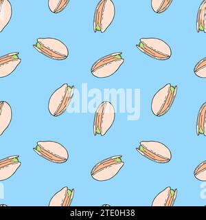 Pattern with doodle pistachios, handmade drawing, on blue background. Vector illustration Stock Vector
