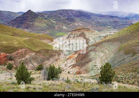 A Colorful Colorful Rock formation in Painted Hills Unit of John Day Fossil Beds National Monument, north-central Oregon, U.S. Stock Photo
