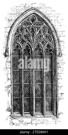 Vintage 1854 engraving of a window of the Dutch Church, Austin Friars, London. The building was destroyed by bombs during the blitz in 1940. Stock Photo