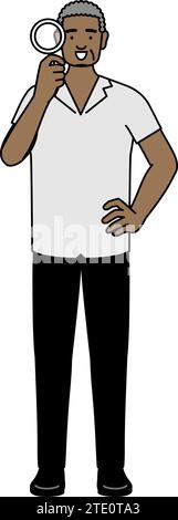 African senior man looking through magnifying glasses, Vector Illustration Stock Vector
