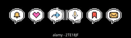 Pixel art speech bubble stickers. Used for social networks, instant messengers and podcasts. 8 bit vector illustration on black background. Stock Vector