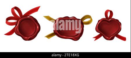 Wax stamps different geometric shapes with red, golden ribbon. Vintage seals for security letter, guarantee documents, certificate. Old postage label, royal insignia. Realistic set on white background Stock Vector