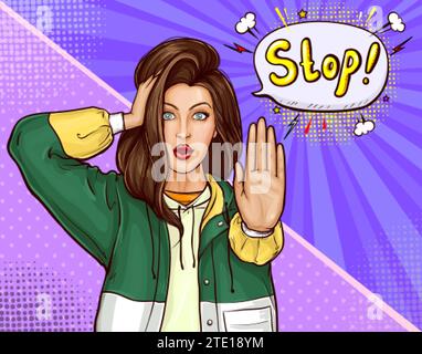 Pop art brunette surprised girl in jacket with wide open eyes and opened mouth doing stop gesture. Beautiful young woman with scared facial expression holding head one hand. Retro vector illustration. Stock Vector