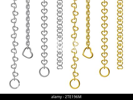 Silver and gold metal chains isolated on white background. Vector set of vertically hanging steel chains with different sizes and shapes of links. Realistic connected stainless rings, upright jewelry. Stock Vector