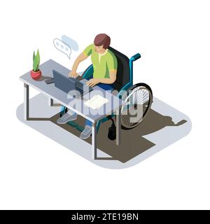 Man with disabilities at desk working on a computer. Invalid person in a wheelchair doing work or communicate online. Handicapped character at workplace, isometric illustration. Stock Vector