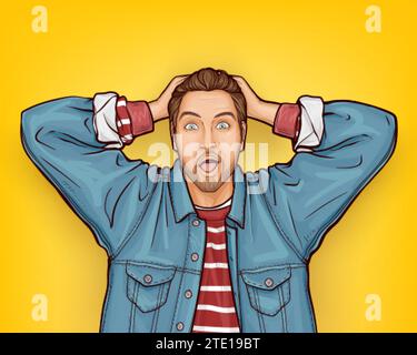 Pop art vector illustration of hipster man with wow surprised face expression. Baffled and confused bearded guy in the denim jacket holding head in hands. Male customer shocked of price discount offer Stock Vector