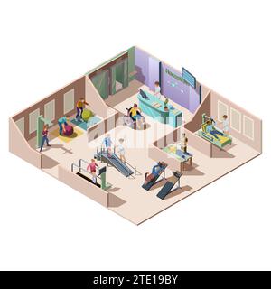 Isometric rehabilitation clinic for the recovery of patients with disabilities. Handicapped do exercises for the treatment of injury, fitness therapy, massage. Medical hospital interior. Stock Vector