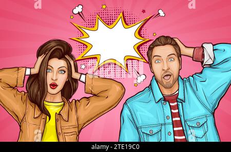 Attractive amazed young man and woman touch heads with hands. Surprised girl and guy in jacket with wide open eyes and mouths, speech bubble. Vector illustration in pop art style on pink background. Stock Vector