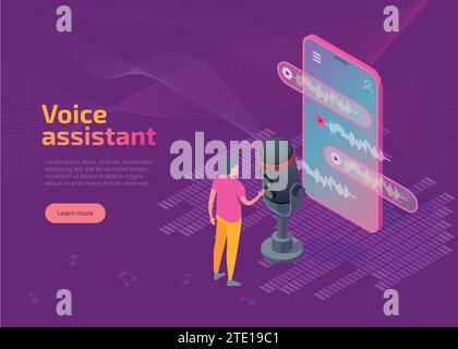 Voice assistant landing page or web banner. Vector isometric man user stand at big smartphone with microphone. Speaker command speech recognition smart app. Soundwave intelligent technologies concept Stock Vector
