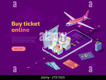 Buy airline ticket online isometric web banner. Travel by airplane with flying plane in air, passengers in aircraft cabin, bank card, tickets, baggage, passport and big smartphone vector illustration. Stock Vector
