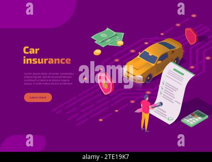 Car insurance isometric landing page. Service insurance company to insure auto. Man driver signing agreement form or security document. Automobile safety and transport financial protection concept. Stock Vector