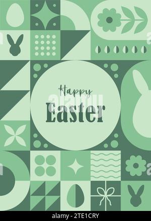 Happy Easter greeting card. Neo geometric background. Vertical flyer, postcard, header for website. Pattern with green simple shapes, bunny and eggs Stock Vector