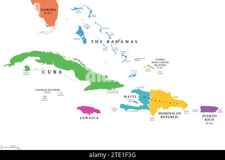 Greater Antilles in the Caribbean, multicolored political map. Grouping of larger islands in the Caribbean Sea. Stock Photo