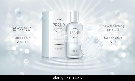 Vector cosmetic promo poster for make-up remover. White plastic bottle and carton pack for micellar water stands on wavy water surface on white glowing background with air bubbles Mock up for magazine Stock Vector