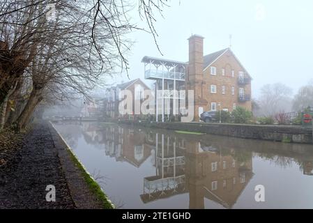 The River Wey navigation canal at Thames lock on a very foggy and misty  winter's day Weybridge Surrey England UK Stock Photo