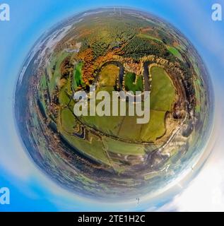 Aerial view, river meander river Lippe and Lippe meadows with meadows and fields, surrounded by autumnal deciduous trees, earth globe, fisheye image, Stock Photo