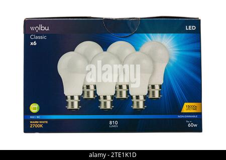 Wolbu classic light bulbs lightbulbs LED energy saving lamp isolated on white background Stock Photo