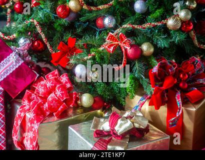 Christmas tree in front of the 19th century Ringwood Manor in Ringwood, NJ Stock Photo