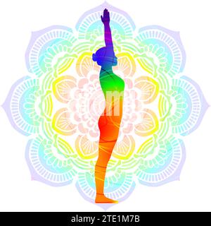 Colorful silhouette of yoga. Urdhva Vrikshasana. Mountain with Arms Up pose or Upward Tree pose. Isolated vector illustration on Mandala background. Stock Vector