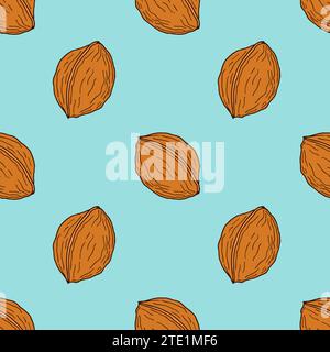 Pattern with walnuts hand drawn on blue background. Vector illustration Stock Vector