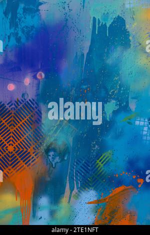 Abstract design painted on an old, weathered, metal siding of a storage tank. Stock Photo