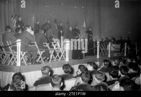 01/12/1958. To commemorate the 20th anniversary of the date on which José Antonio spoke in this city, various events have been held, chaired by the national delegate of Associations who represented the Minister, General Secretary of the Movement, the civil governor of the province and other authorities. In the photo a moment of the political event at the Lagasca cinema, with the intervention of Mr. Fraga Iribarne, national delegate of Associations. Credit: Album / Archivo ABC / Mayoral Encinar Stock Photo